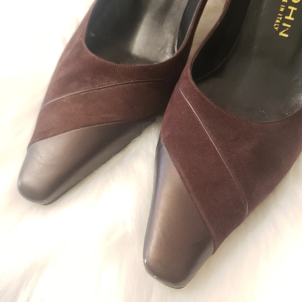 St John Leather & Suede Square Pointy Toe Pumps Size 38.5/US 8